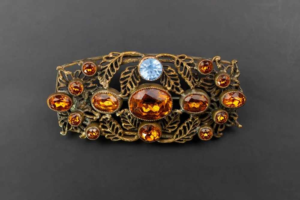 Large rhinestone brooch vintage, amber glass fili… - image 10