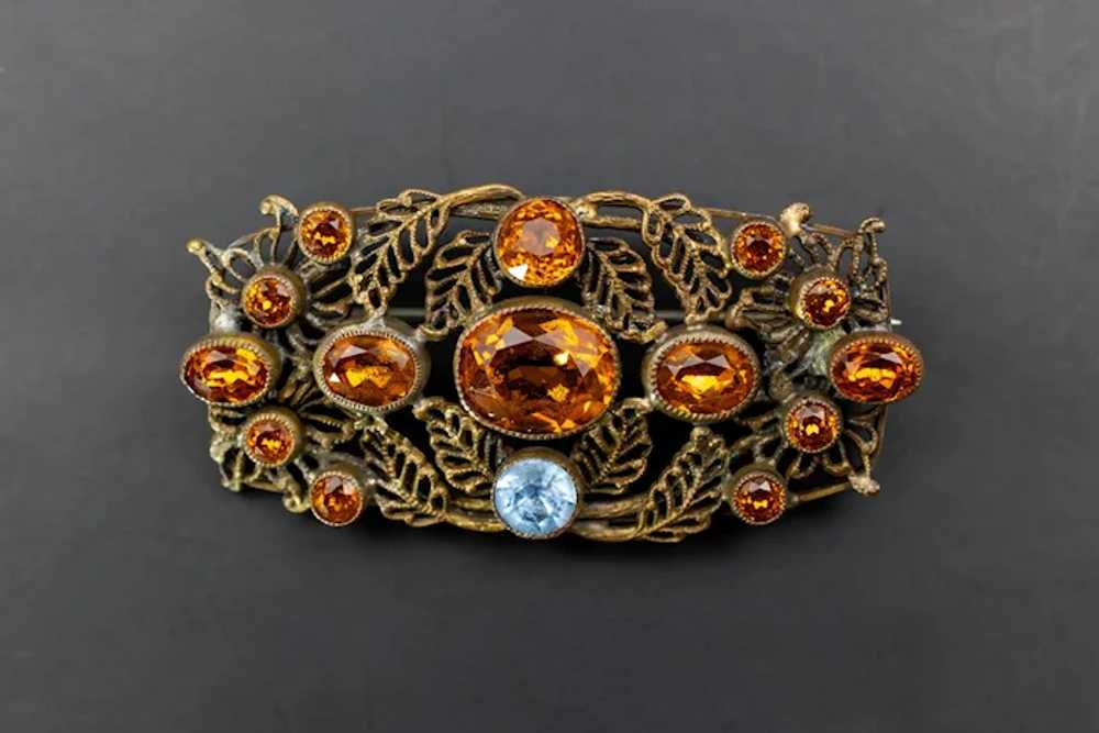 Large rhinestone brooch vintage, amber glass fili… - image 5