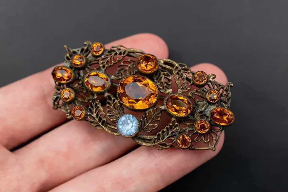 Large rhinestone brooch vintage, amber glass fili… - image 6