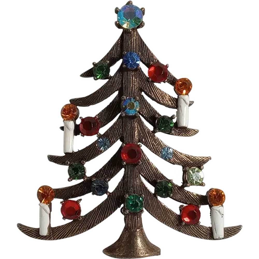 Weiss Christmas tree pin 4 candle enamel rhinesto… - image 1