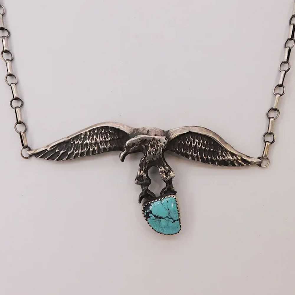 Vintage Eagle Turquoise Sterling Silver Necklace … - image 11