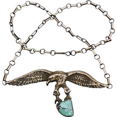 Vintage Eagle Turquoise Sterling Silver Necklace … - image 1