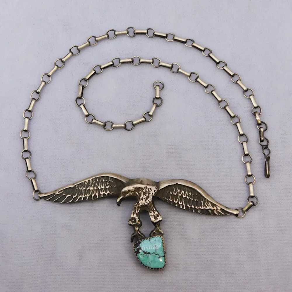 Vintage Eagle Turquoise Sterling Silver Necklace … - image 2