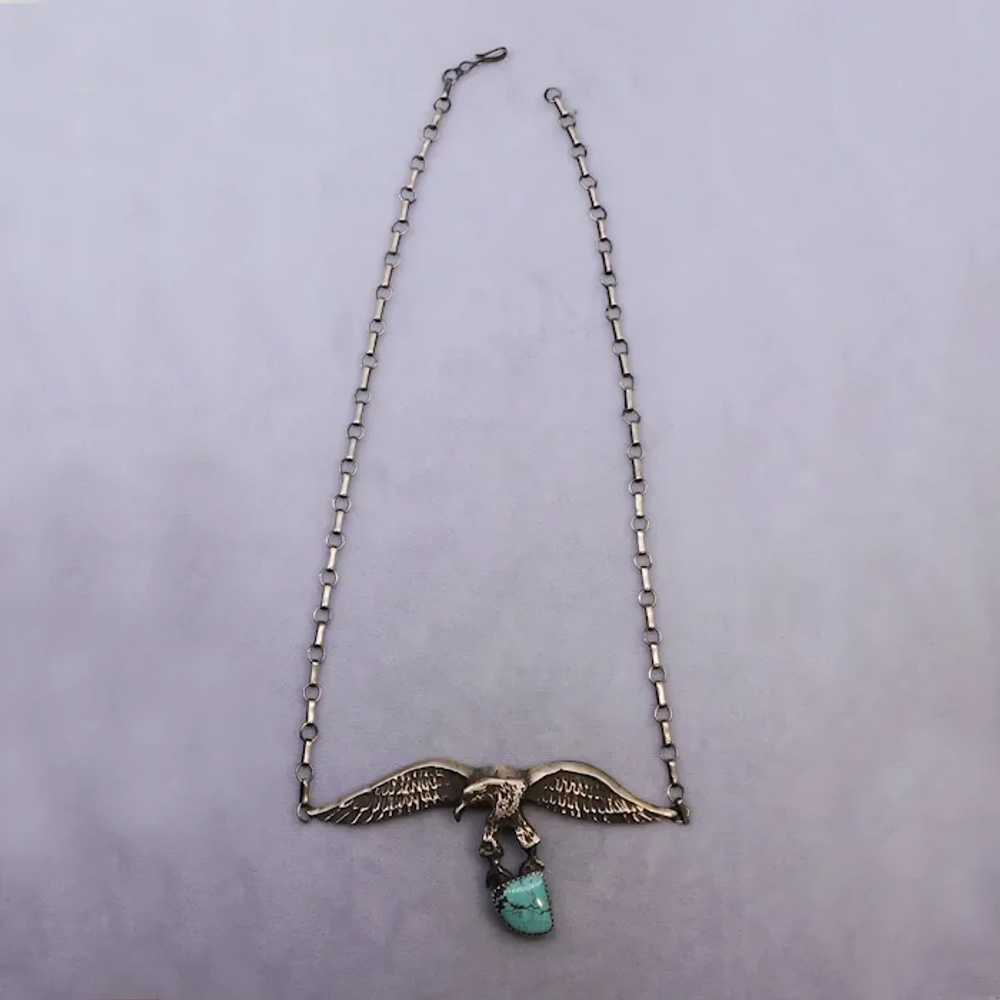 Vintage Eagle Turquoise Sterling Silver Necklace … - image 3