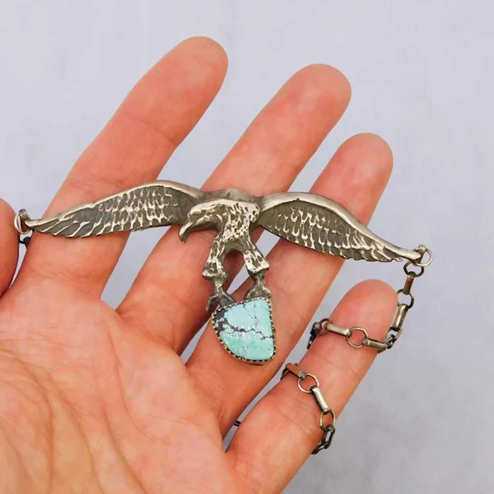 Vintage Eagle Turquoise Sterling Silver Necklace … - image 8