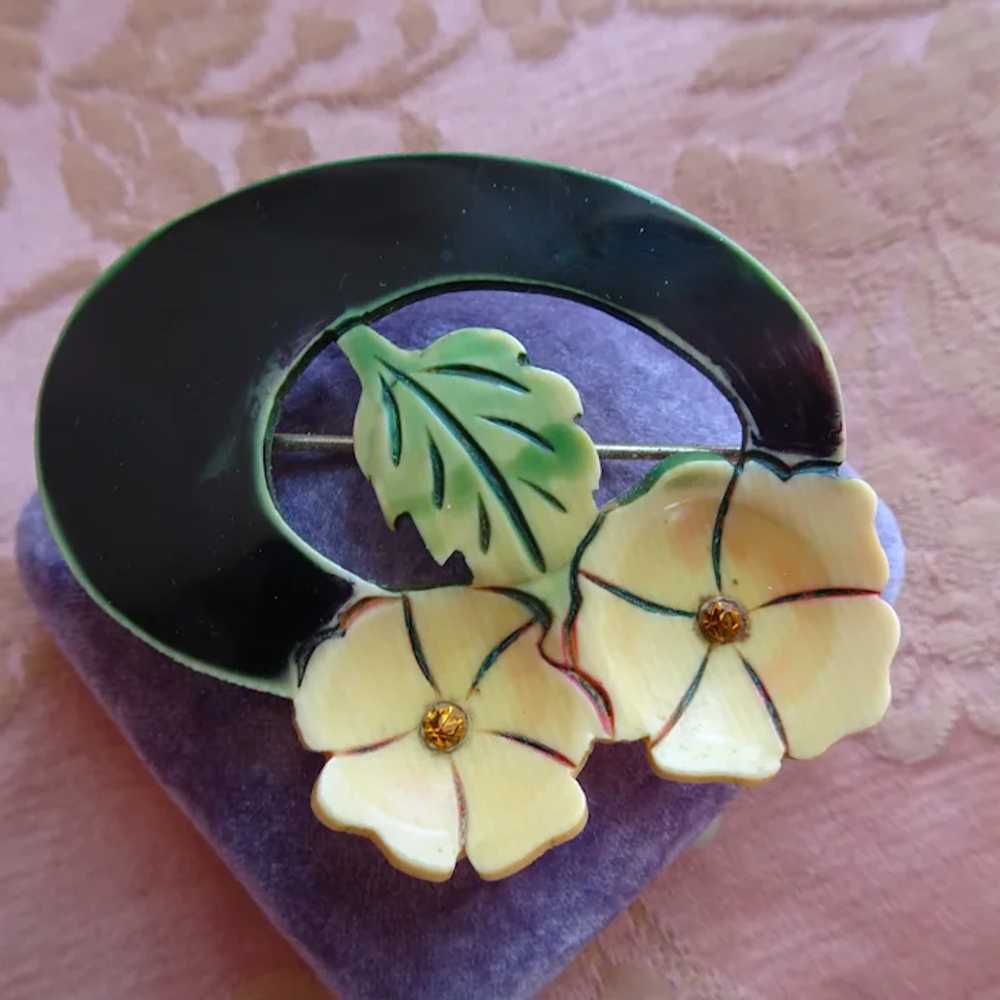 FABULOUS Art Deco Celluloid Brooch, Carved Flower… - image 2