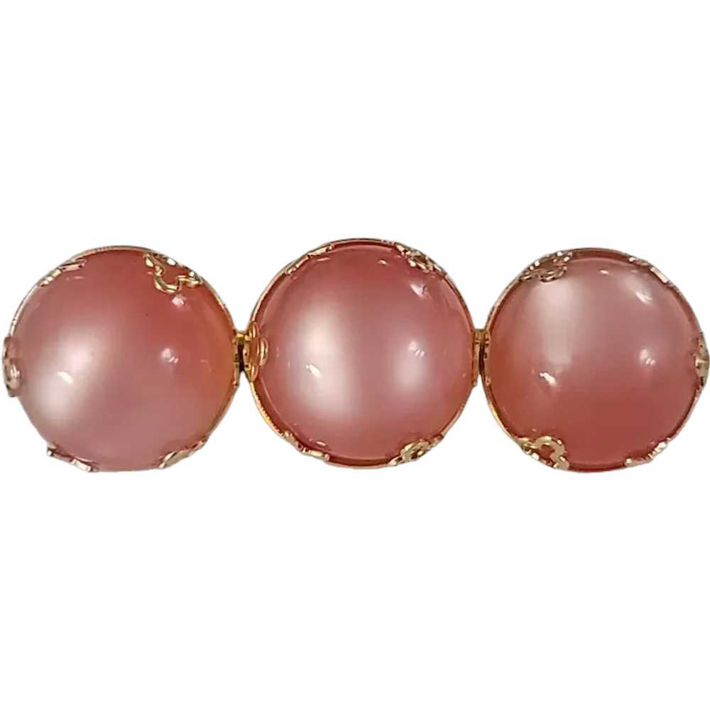 Gold Tone Pink Lucite Moonstone-Style Round Caboc… - image 1