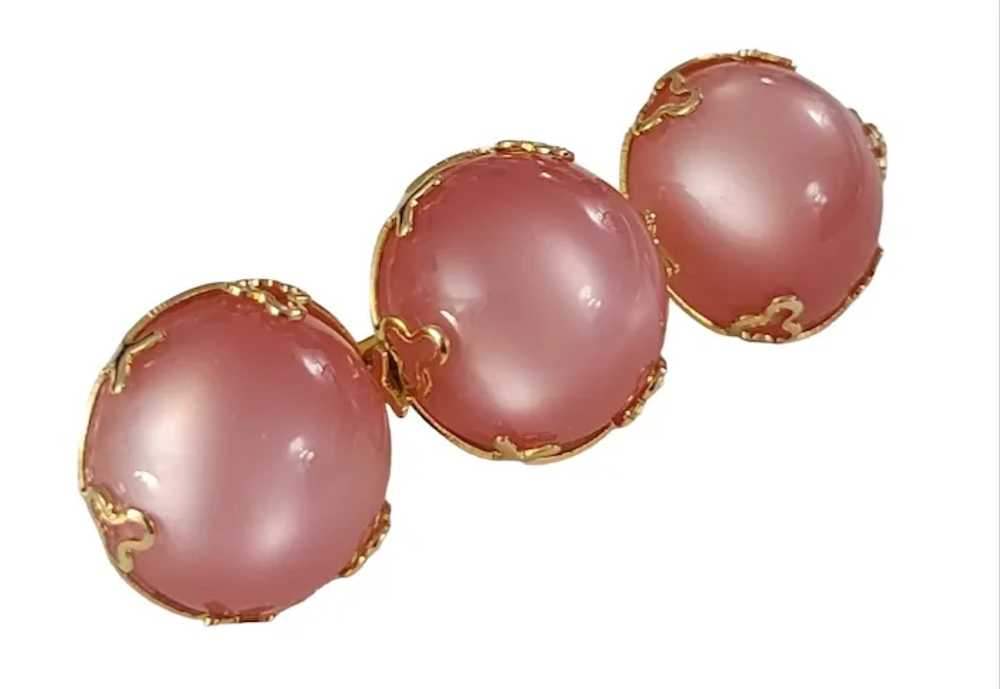 Gold Tone Pink Lucite Moonstone-Style Round Caboc… - image 3