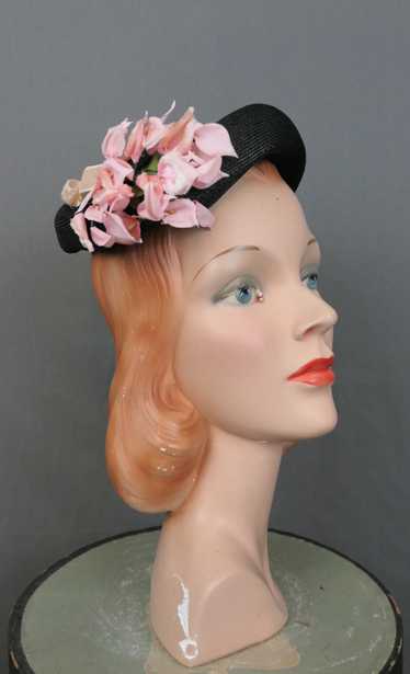 Vintage 1950s Black Hat with Pink Calla Lilies & V