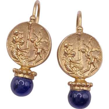 Etruscan Revival Drop Earrings 14K Gold and Sapphi