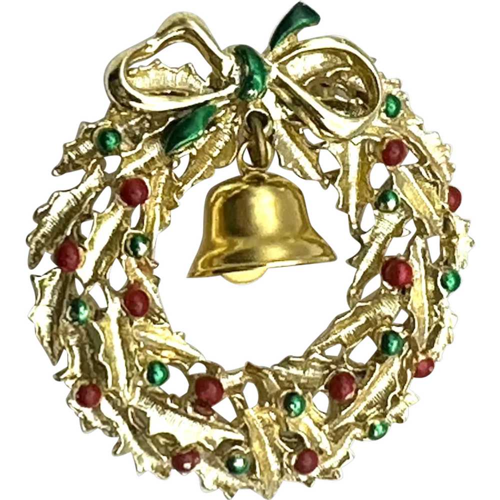 Red and Green Enamel on Goldtone Christmas Wreath… - image 1