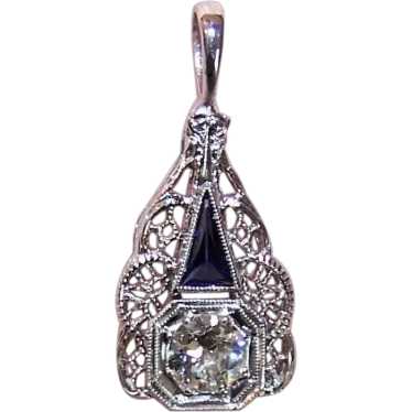 Art Deco 14K Gold .50CT Diamond Blue Sapphire Pend