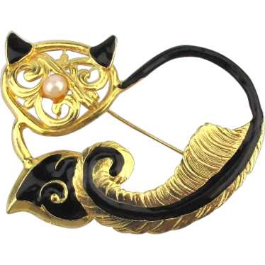 Enamel on Gilt Cool Cat Pin w/ Feather Tail Pearl… - image 1