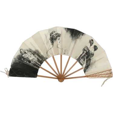 Antique Victorian Folding Hand Fan Painted Gibson… - image 1