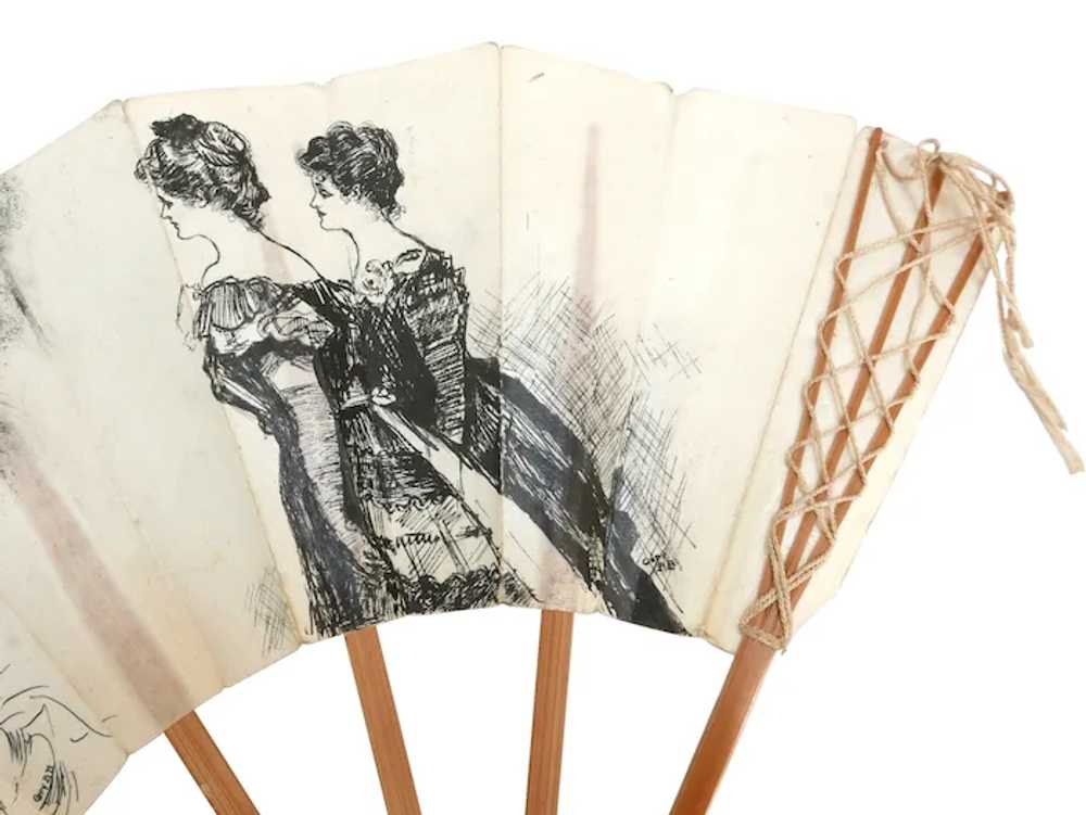 Antique Victorian Folding Hand Fan Painted Gibson… - image 3