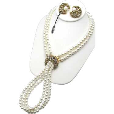 Florenza Faux Pearl and Rhinestone Necklace and E… - image 1