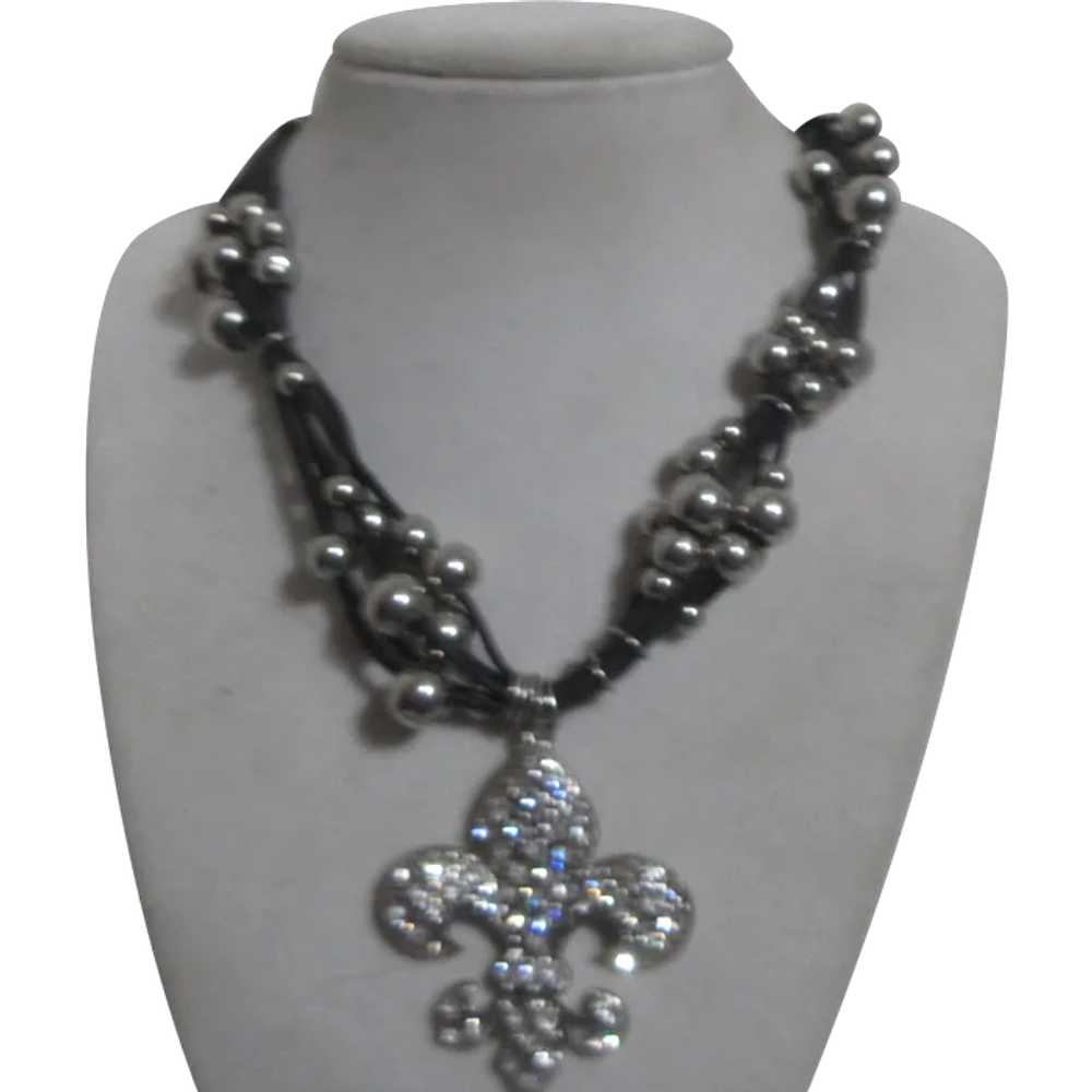 Signed Cj Fleur-de-lis Pendant Necklace and Brace… - image 1