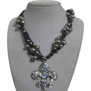 Signed Cj Fleur-de-lis Pendant Necklace and Brace… - image 1