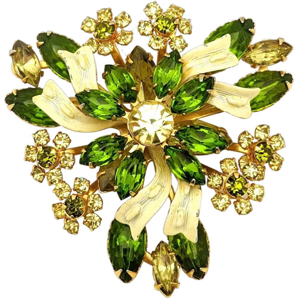 Gold Tone Green Rhinestone Floral Spray Brooch - image 1