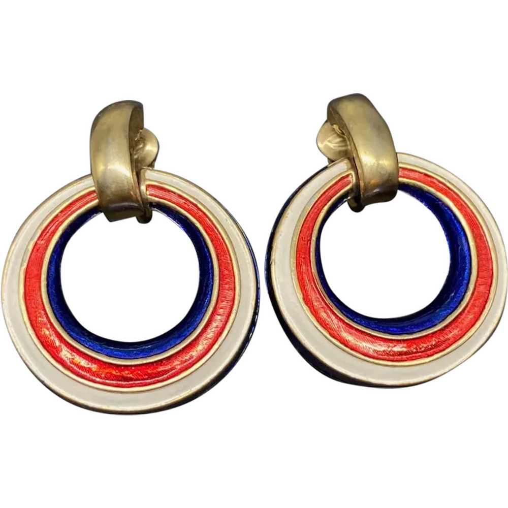 1960s Signed Boucher Red White & Blue Hoop Clip E… - image 1