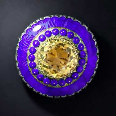 Large Victorian Citrine and Enamel Antique Brooch