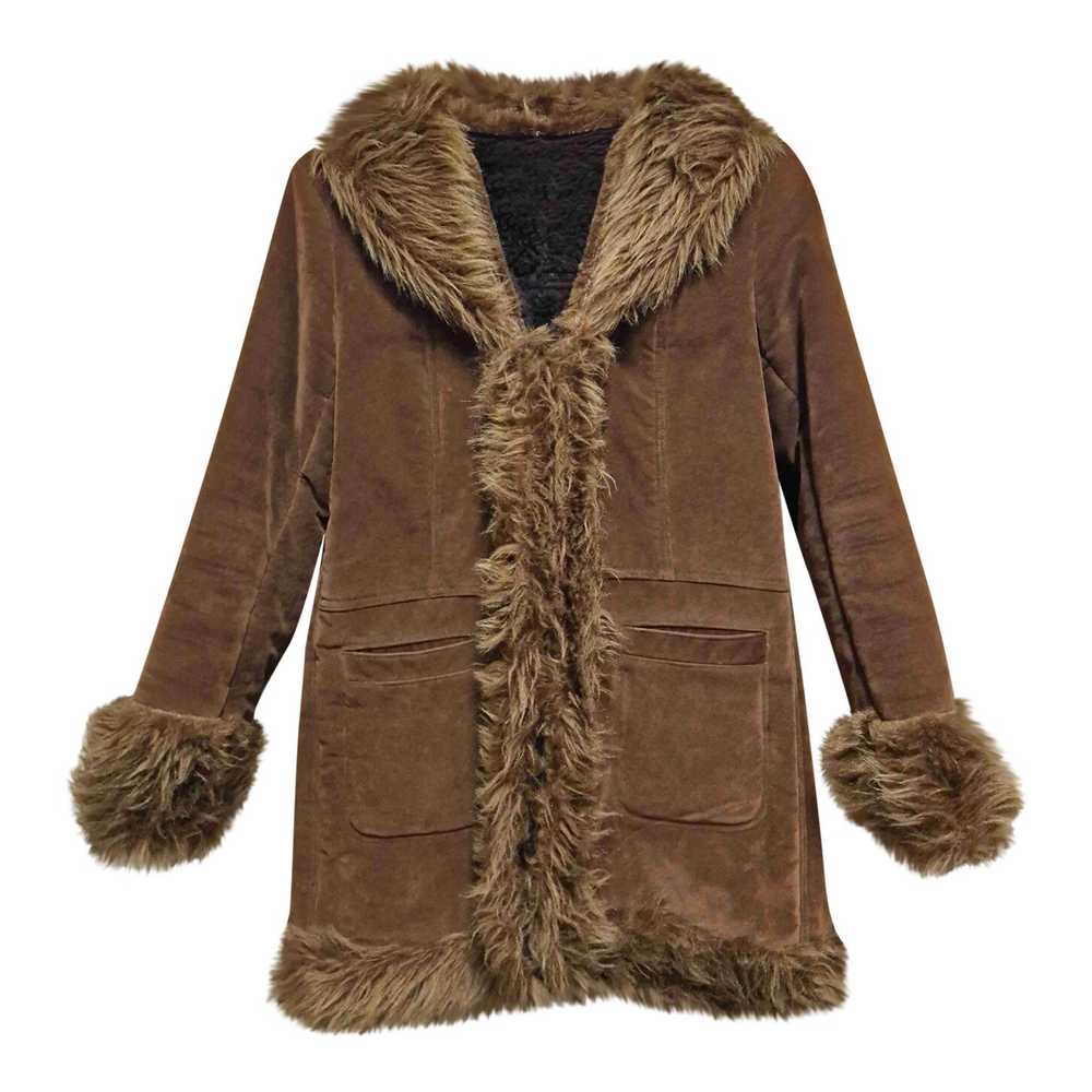 Faux fur coat - Faux fur coat, glossy brown suede… - image 1