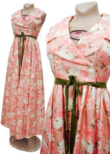Vintage 60s Pink Floral Empire Line Maxi Gown • Br