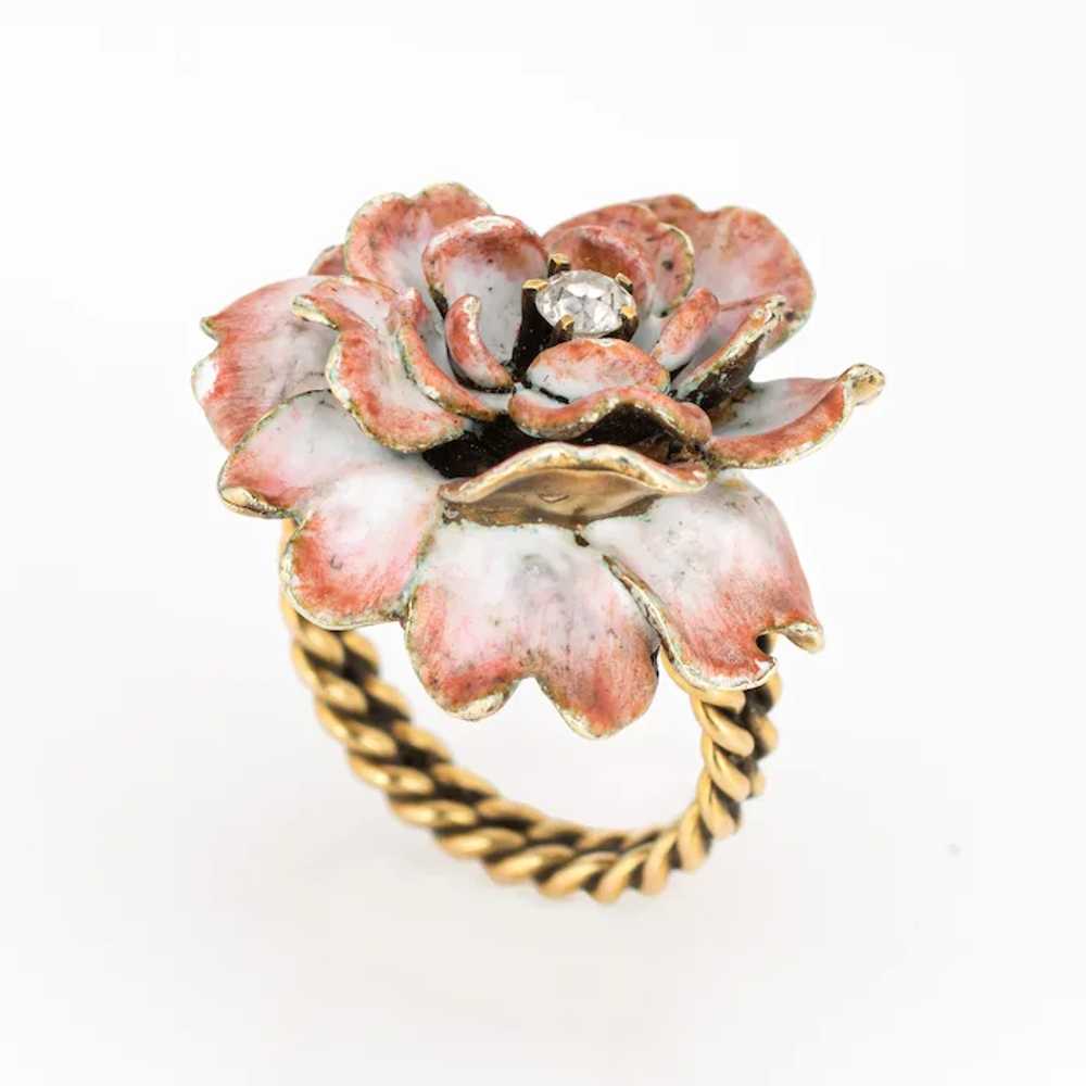 Vintage Enamel Flower Ring Mine Diamond 14　Karat … - image 2