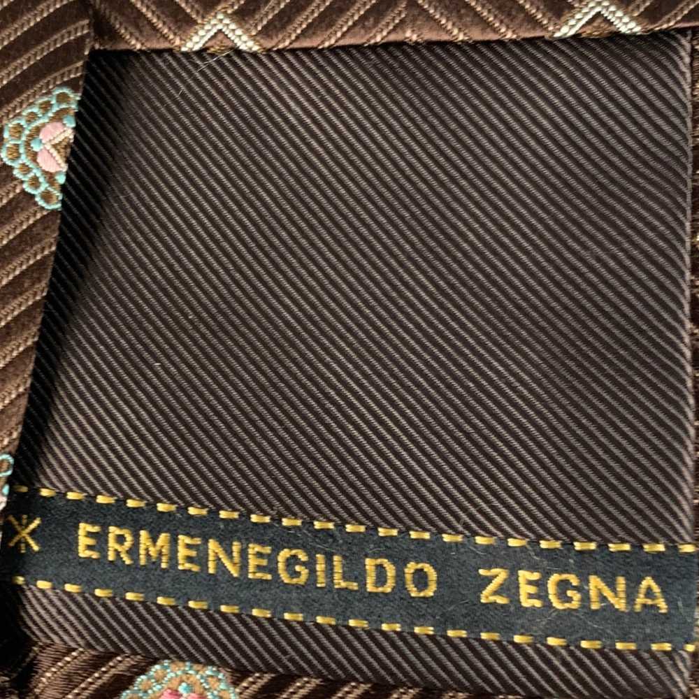 Ermenegildo Zegna Brown Tan Chevron Silk Tie - image 4