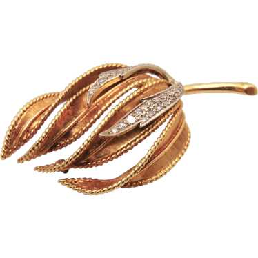 14Kt Gold and Diamond 1960's Leaf Brooch - image 1