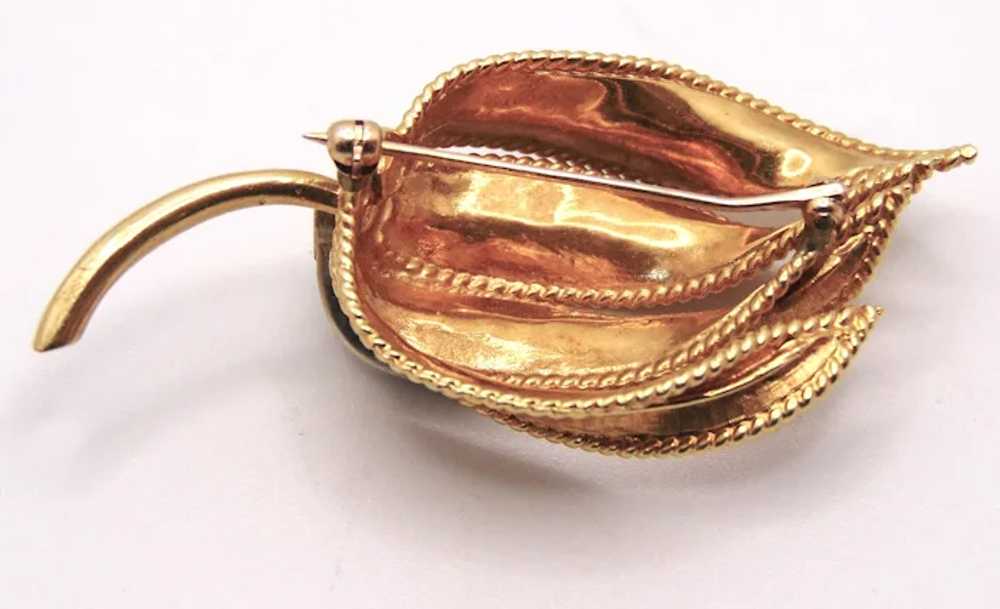 14Kt Gold and Diamond 1960's Leaf Brooch - image 2