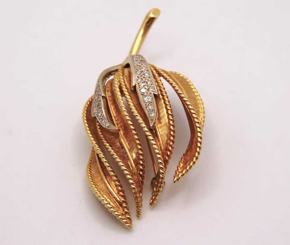 14Kt Gold and Diamond 1960's Leaf Brooch - image 3