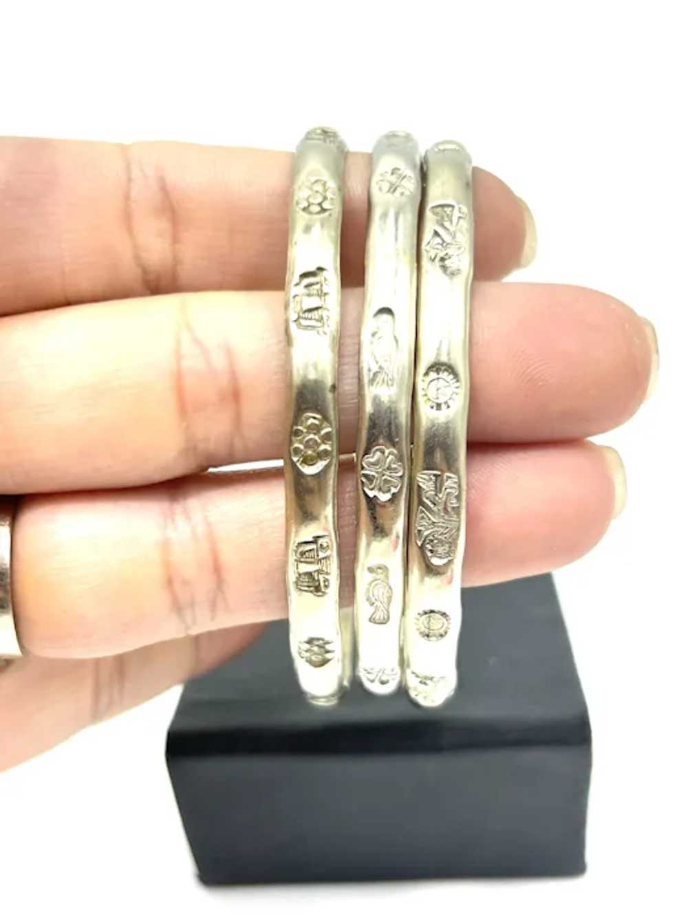 Mexican Bracelets Set of 3 Bangles Silver Tone St… - image 3