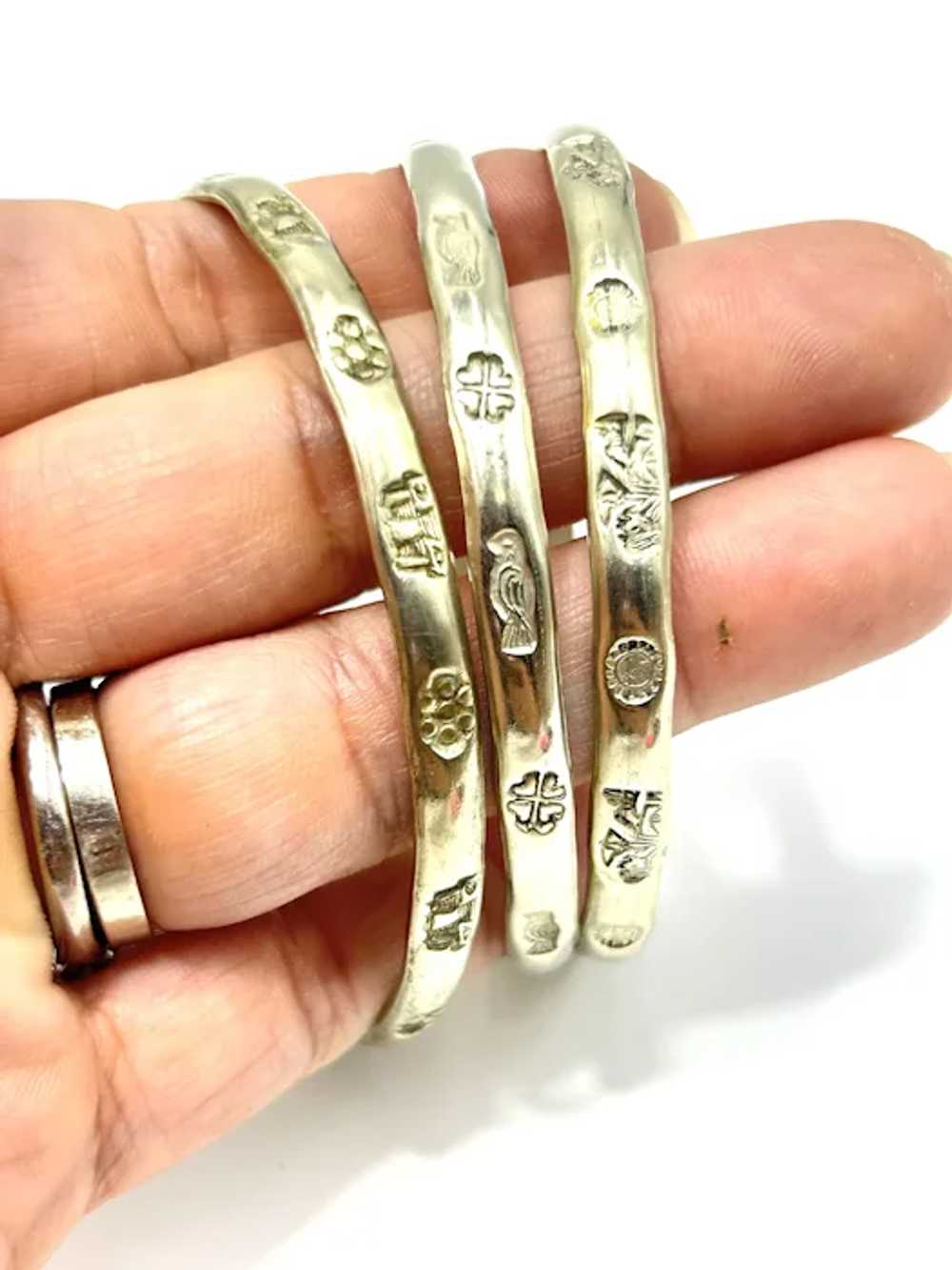 Mexican Bracelets Set of 3 Bangles Silver Tone St… - image 5