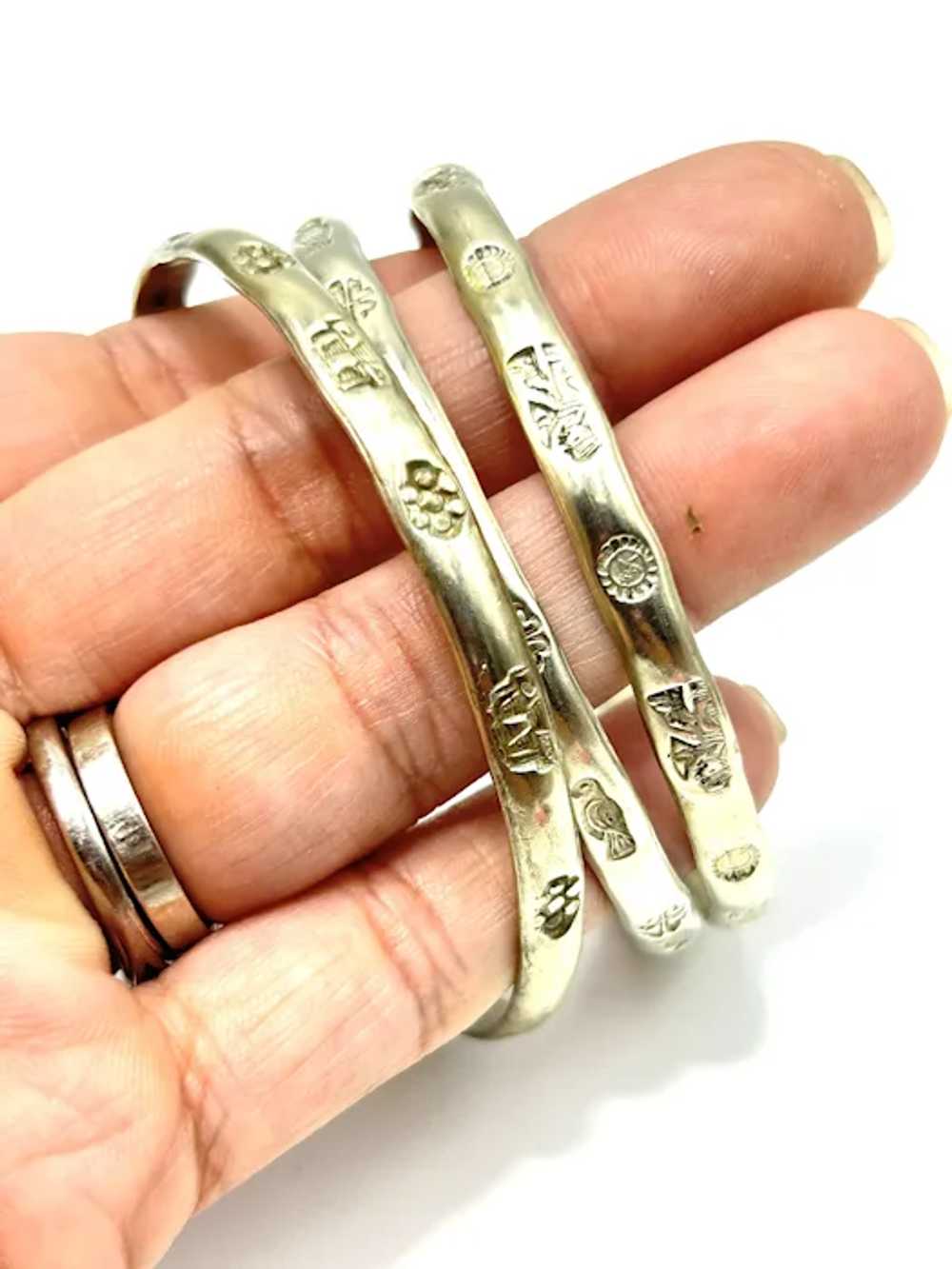 Mexican Bracelets Set of 3 Bangles Silver Tone St… - image 7