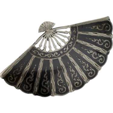 Sterling Silver Black Enamel Folding Fan Pin Broo… - image 1
