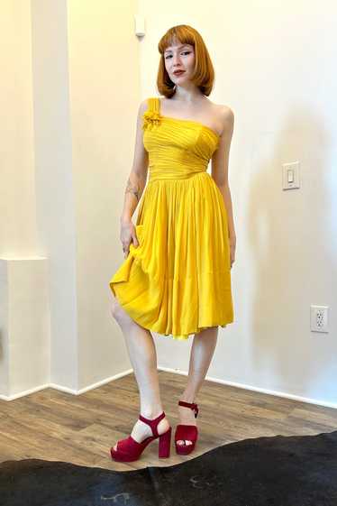 1950s One Shoulder Mustard Party Dress-XS