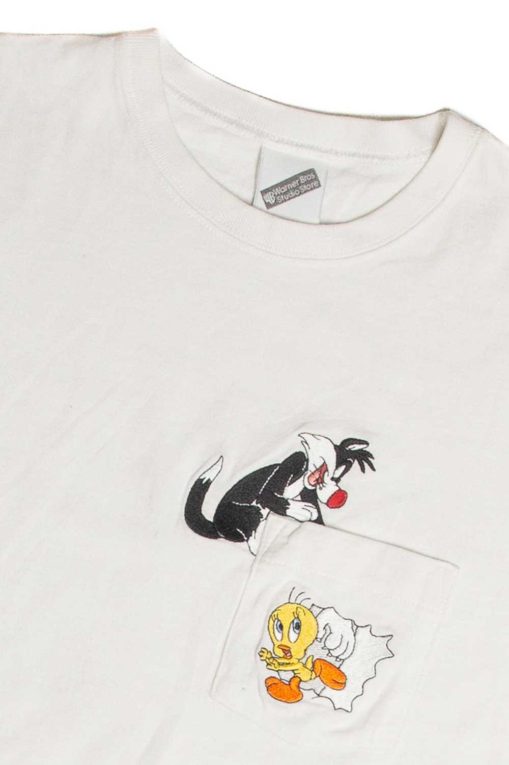 Vintage Sylvester and Tweety Embroidered Pocket T… - image 2