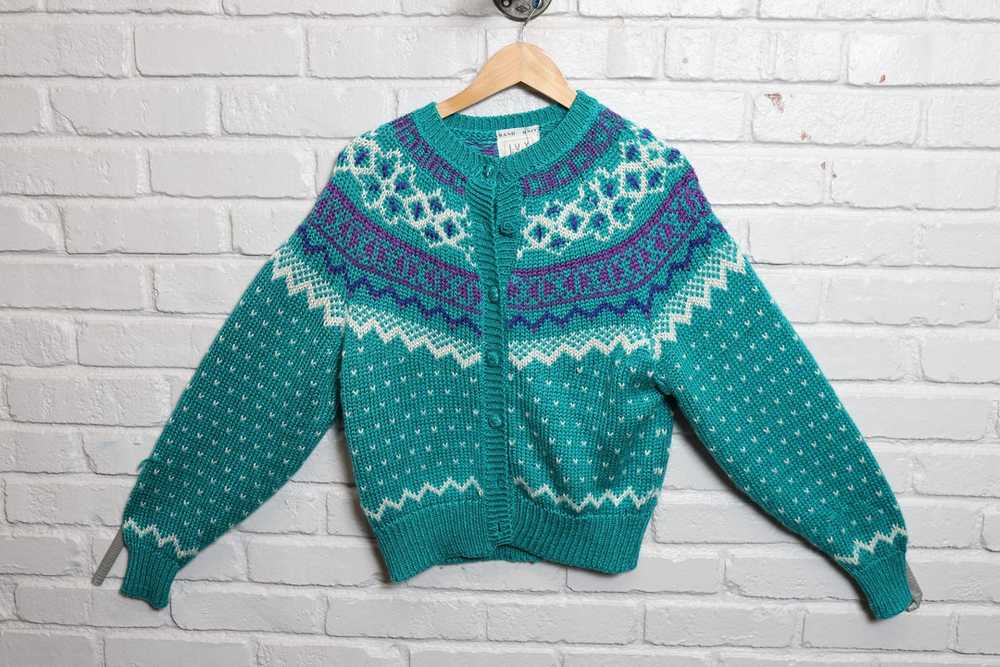 90s teal nordic style cardigan sweater size small - image 1
