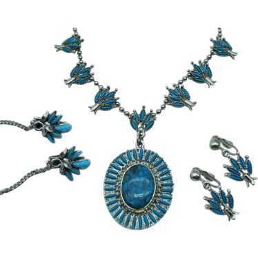 Vintage Faux Turquoise Squash Blossom Necklace Ch… - image 1