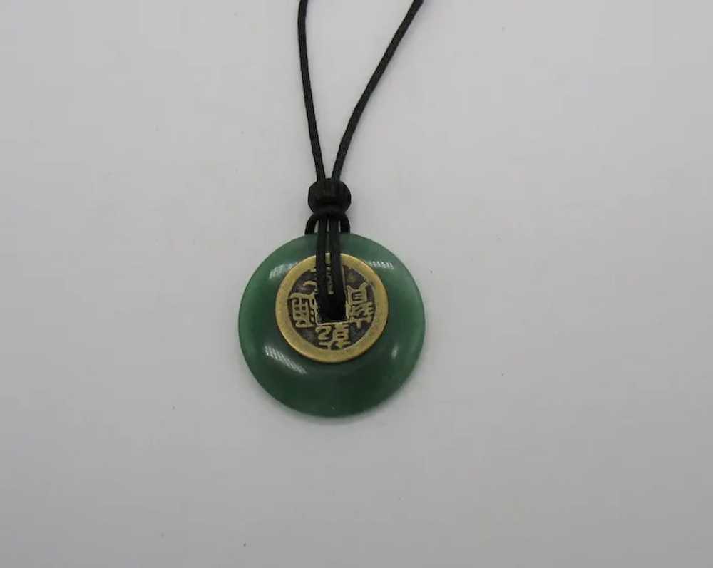 Green Jade Pendant Good Luck Brass Coin Vintage L… - image 2