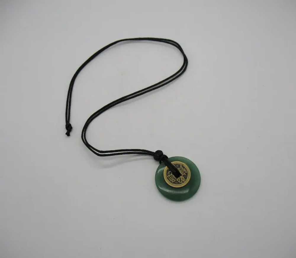 Green Jade Pendant Good Luck Brass Coin Vintage L… - image 3