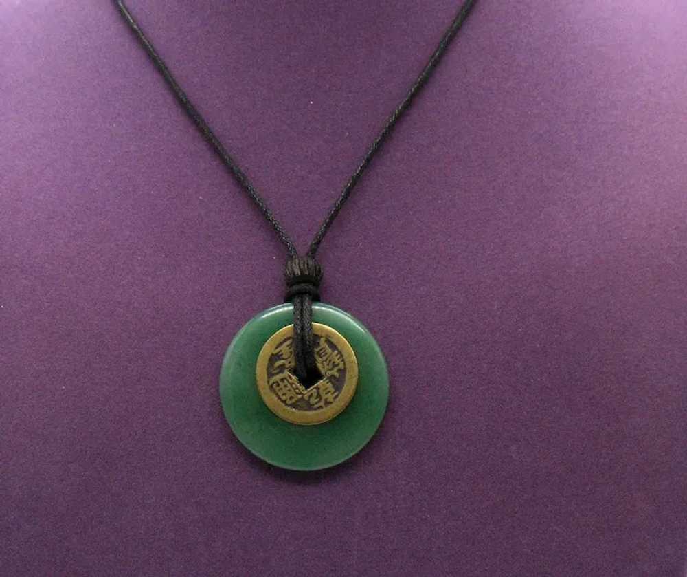 Green Jade Pendant Good Luck Brass Coin Vintage L… - image 5
