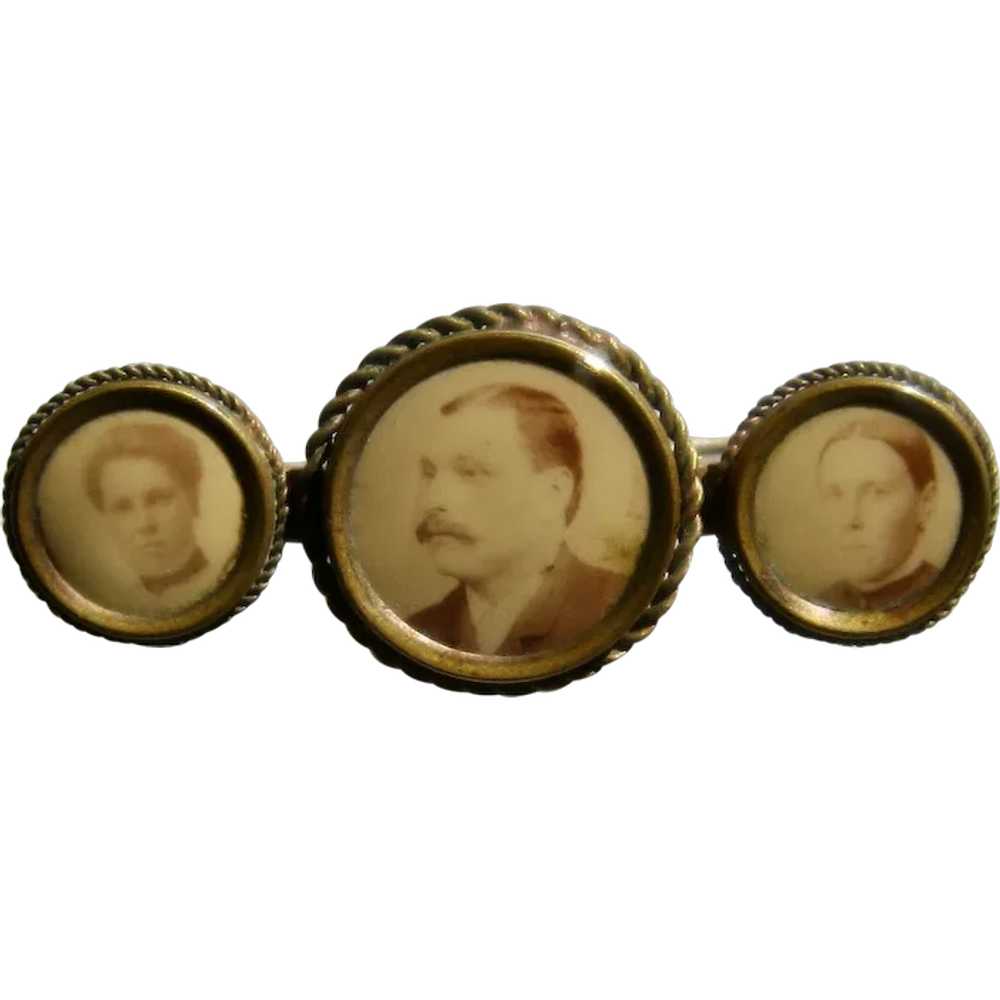 Victorian Triple Portrait Photo Brooch Bar Pin - image 1