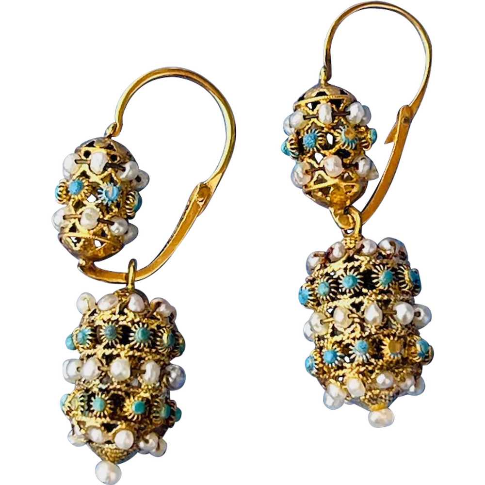 Nice Early Victorian Turquoise And Natural Pearl … - image 1