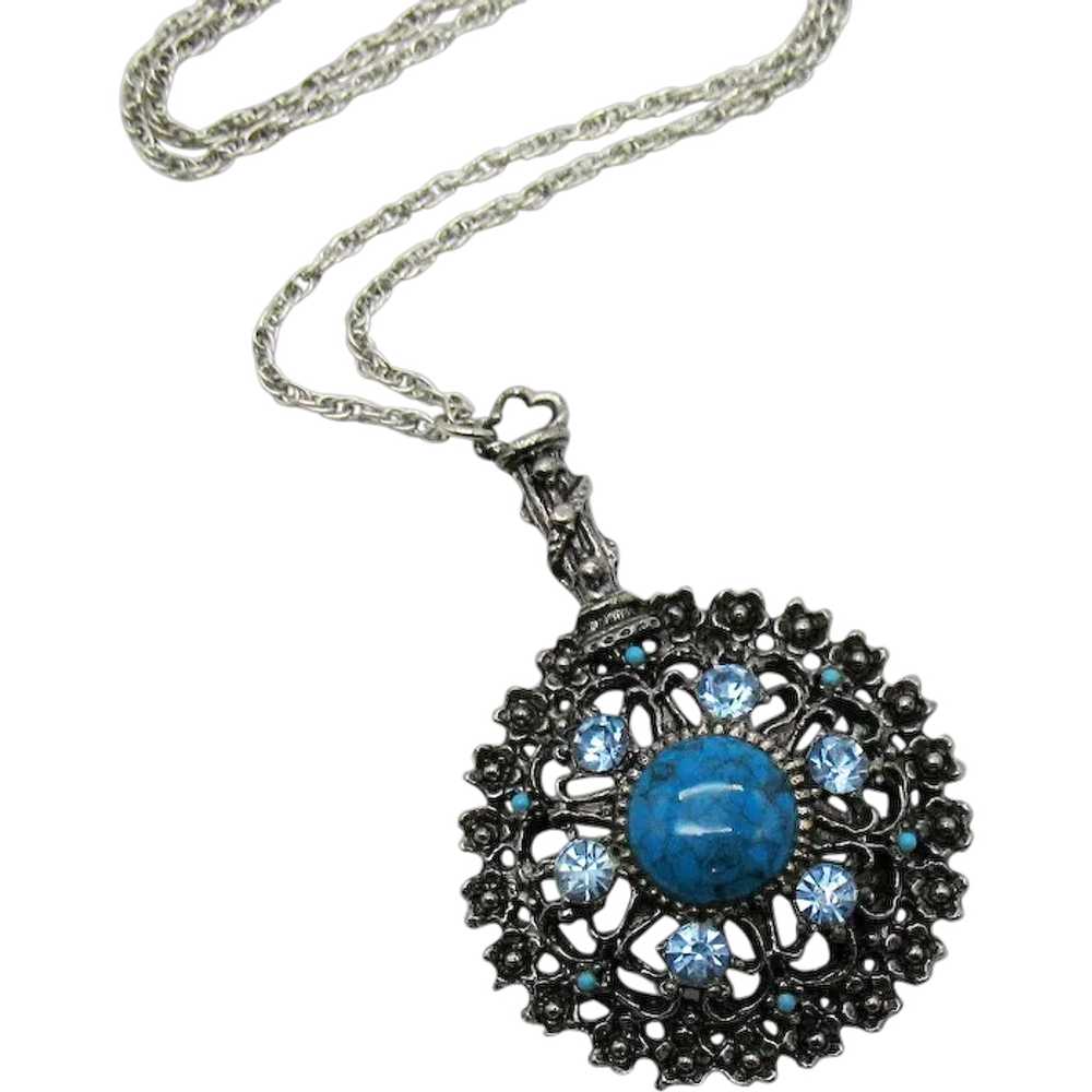 Massive Faux Turquoise Rhinestone Medallion Vinta… - image 1