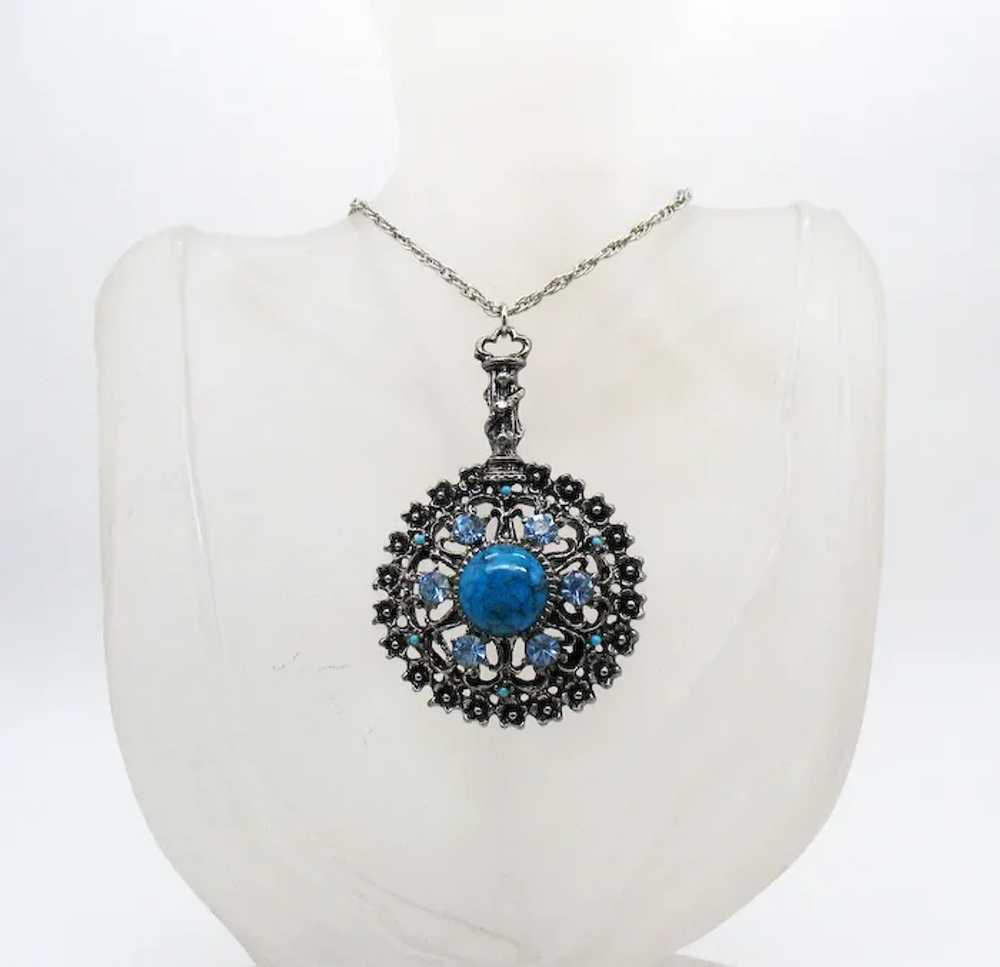 Massive Faux Turquoise Rhinestone Medallion Vinta… - image 2