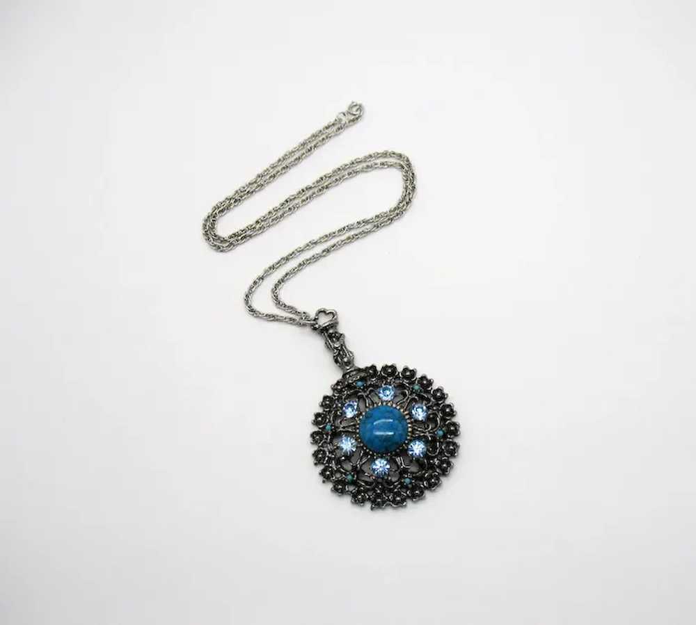 Massive Faux Turquoise Rhinestone Medallion Vinta… - image 3