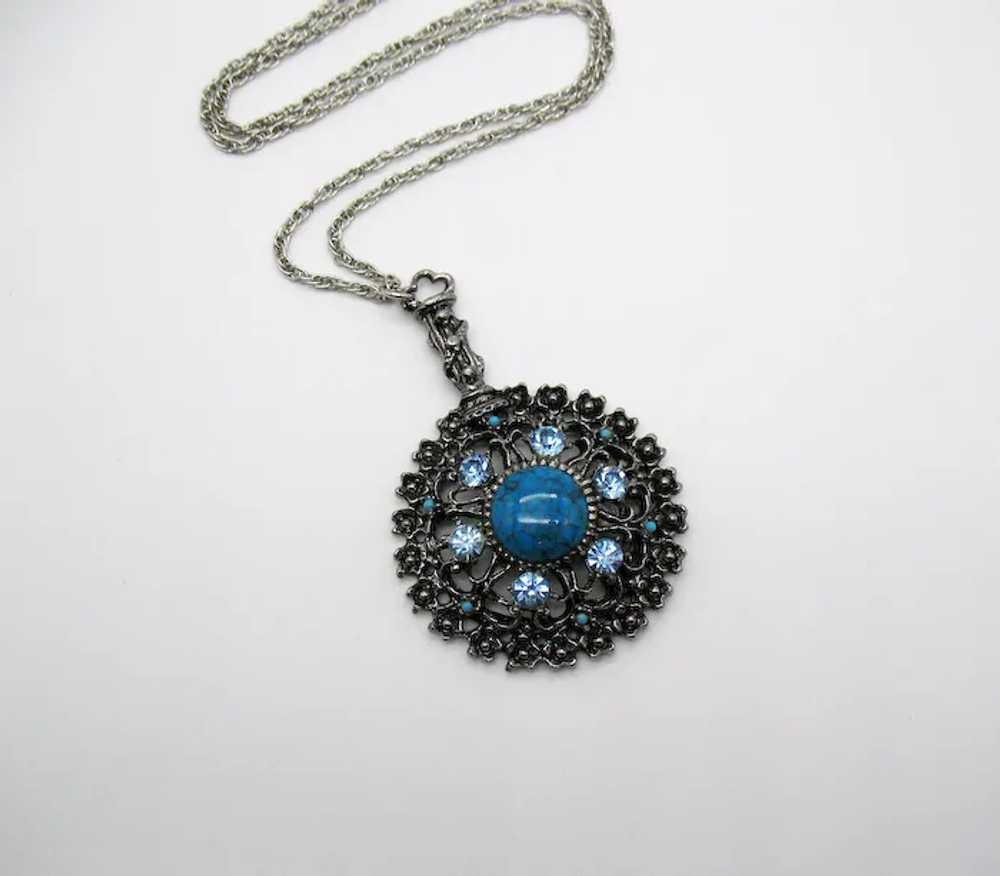 Massive Faux Turquoise Rhinestone Medallion Vinta… - image 5