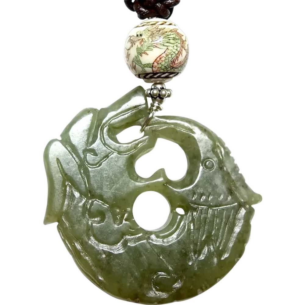 Carved Green Serpentine Jade Dragon and Phoenix P… - image 1